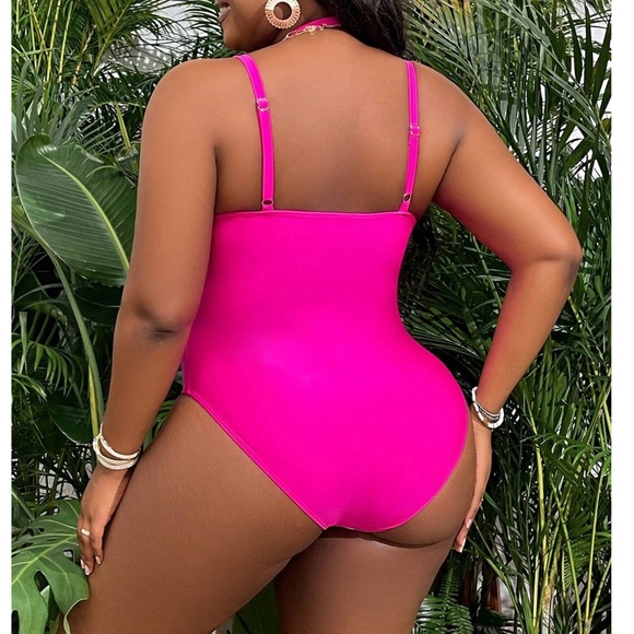 Plus Hot Pink Plunging neck Double Strap Monokini One Piece Swimsuit - Picture 3 of 3